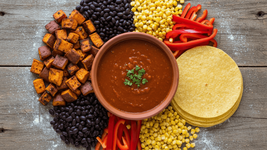 Raw ingredients for making healthy homemade vegetable enchiladas