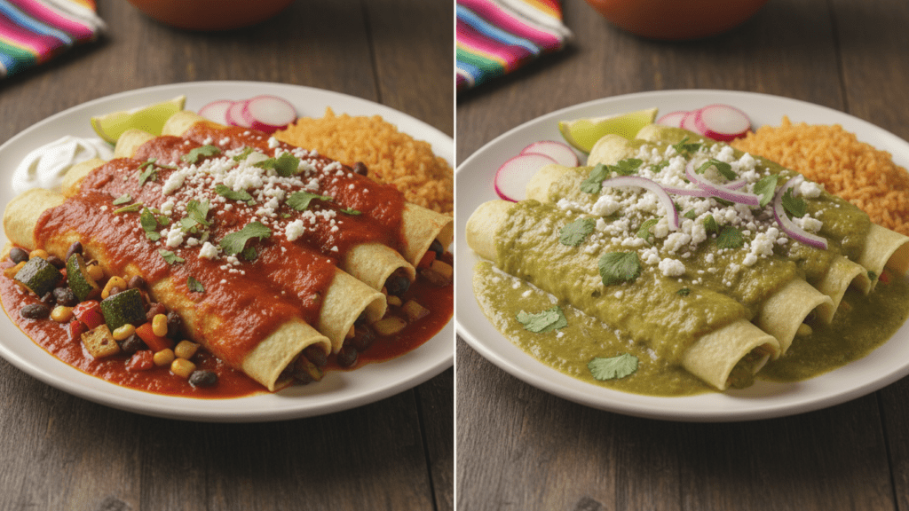 Two different versions of vegetable enchiladas including red and green sauce.
