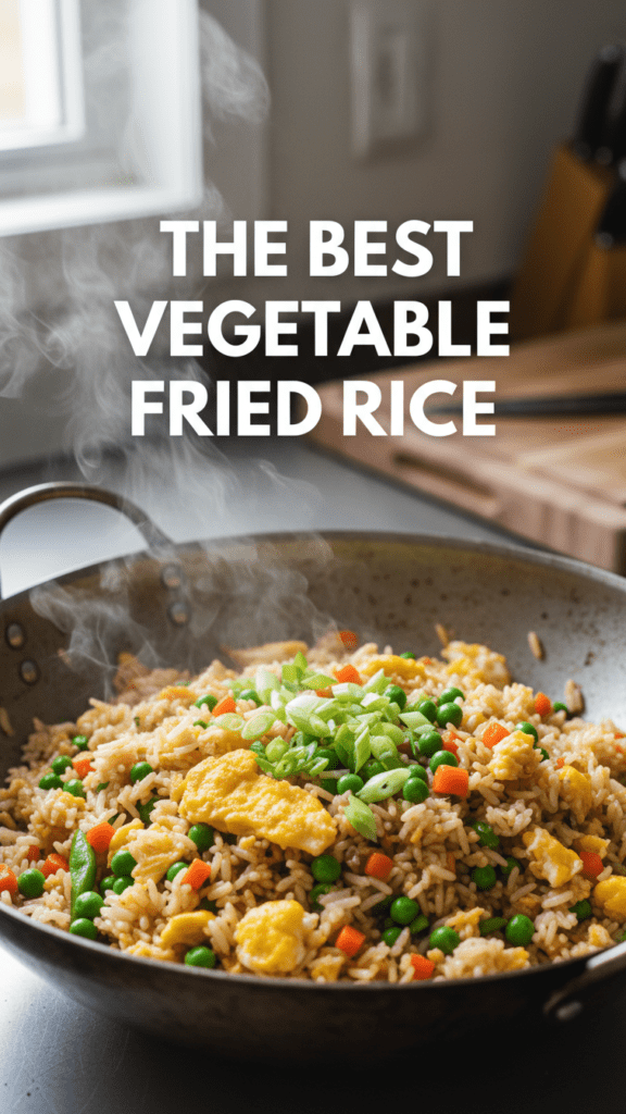 A close-up shot of colorful vegetable fried rice in a wok with a text overlay of the main keyword.