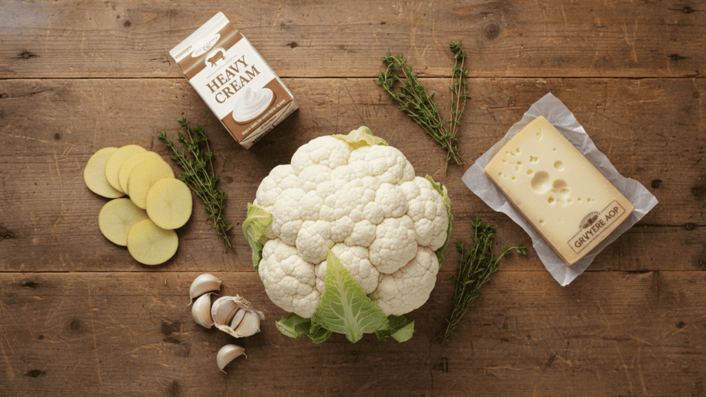 Collage of potatoes, cauliflower, heavy cream, garlic, and cheese.