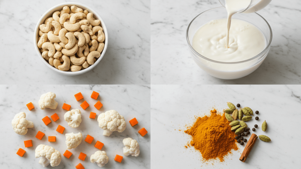 A collage showing raw cashews, coconut milk, cauliflower, and Indian spices.
