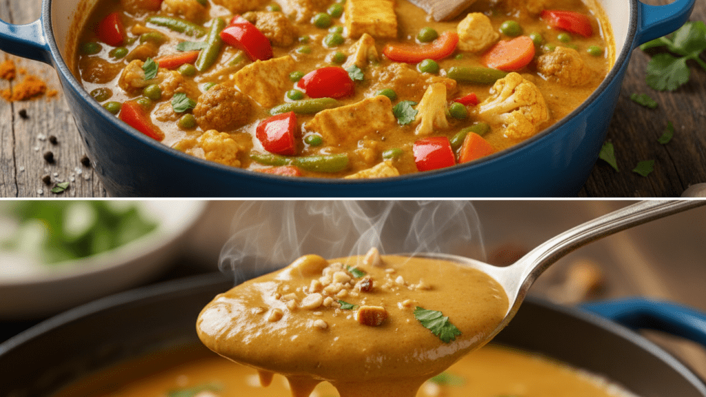 A split image showing the korma simmering in a pot and a macro close-up of the silky sauce.