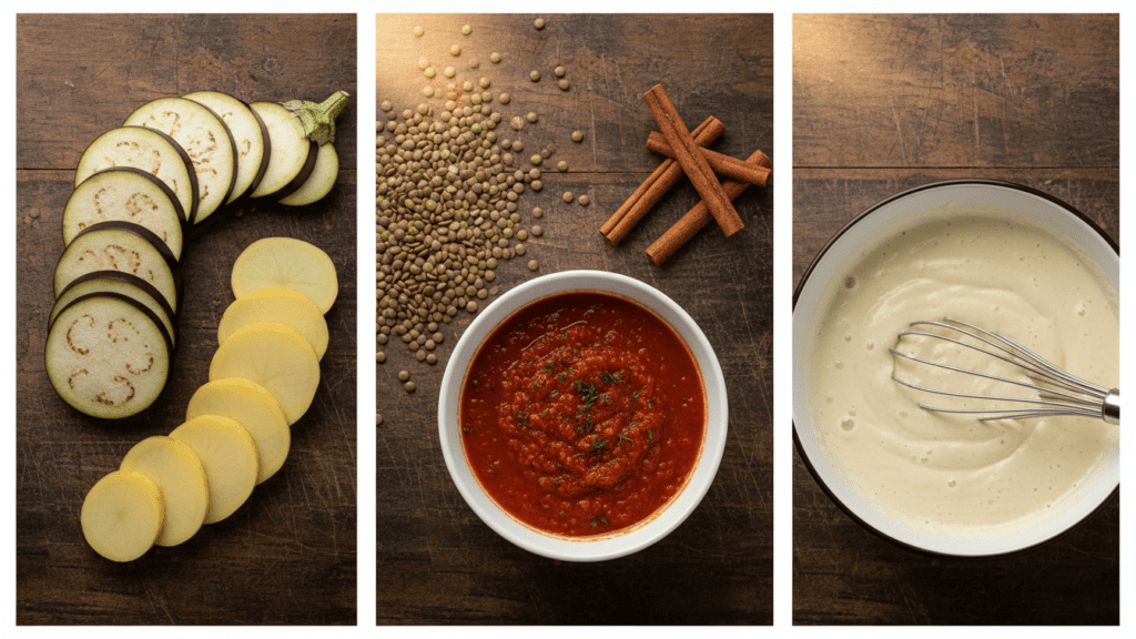 Raw ingredients for making a healthy Mediterranean vegetable moussaka.