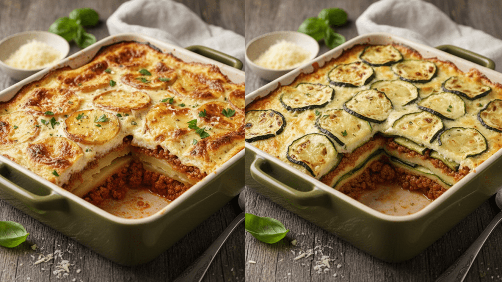 Two different versions of vegetable moussaka including a low-carb keto option.