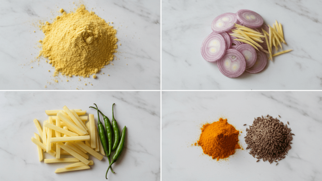 A collage showing gram flour, sliced onions, julienned potatoes, and spices.