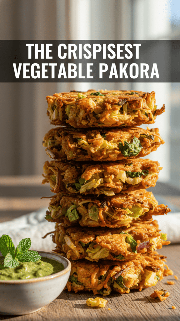A close-up shot of golden-brown crispy vegetable pakoras with mint chutney and a text overlay.