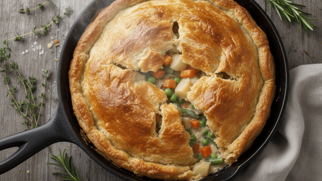 A close-up view of a slice of vegetable pot pie showing the creamy filling.