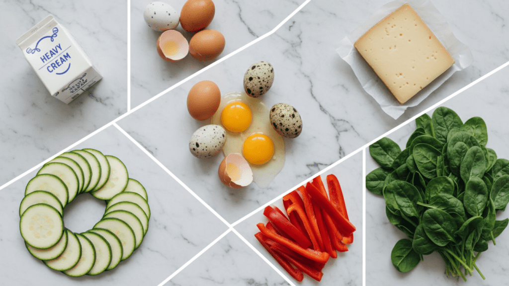 Collage of eggs, cream, spinach, zucchini, and cheese for quiche.