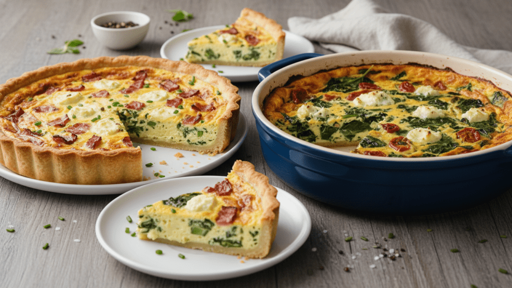 Two types of quiche, one with a crust and one crustless.