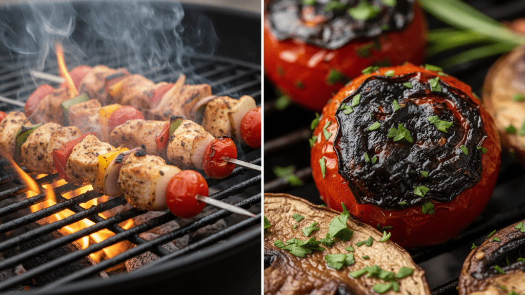 Close-up of vegetable skewers sizzling on a hot grill with smoke rising.