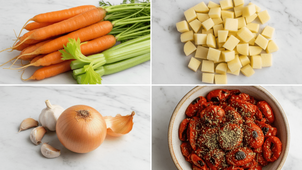 A collage showing fresh carrots, celery, Yukon Gold potatoes, and garlic.