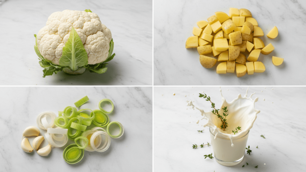 A collage showing cauliflower, potatoes, leeks, and garlic.