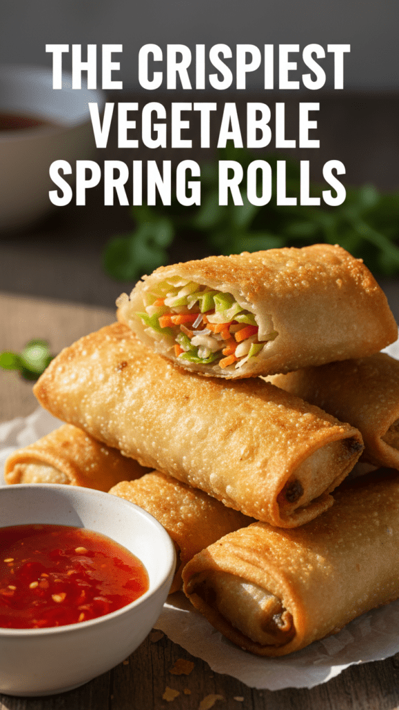 A close-up shot of crispy golden-brown vegetable spring rolls with sweet chili sauce and a text overlay.