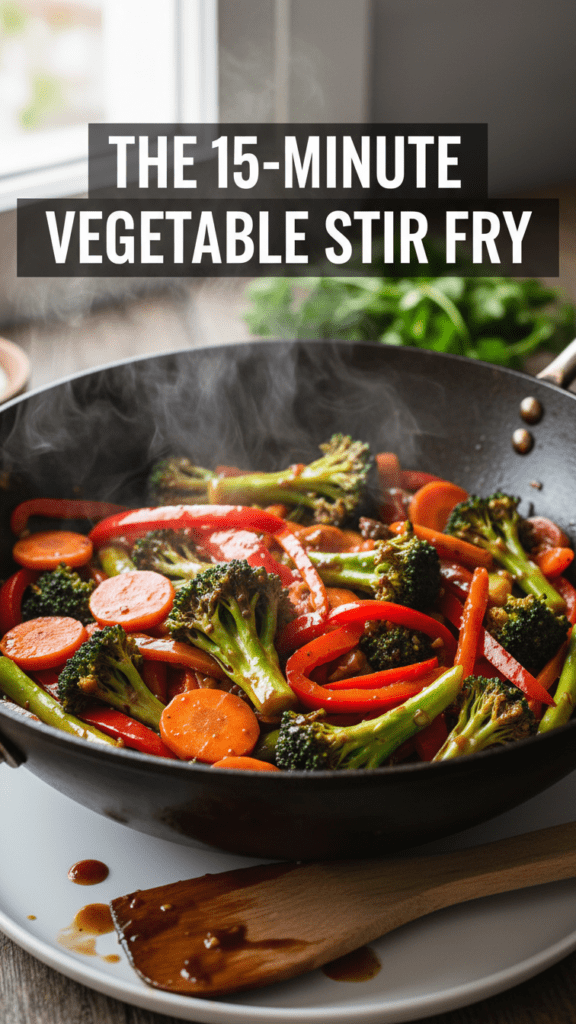 A close-up shot of a colorful vegetable stir fry in a black wok with steam rising and a text overlay