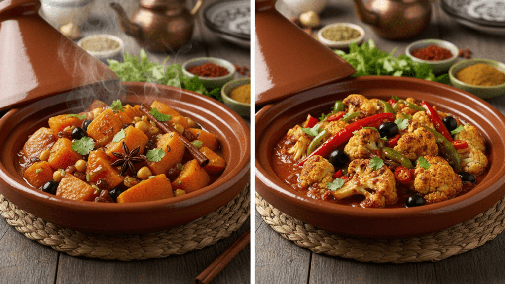 Two different versions of vegetable tagine including a spicy cauliflower option.
