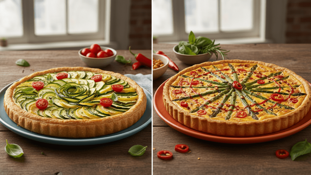 Two different versions of vegetable tart including a spicy asparagus option.