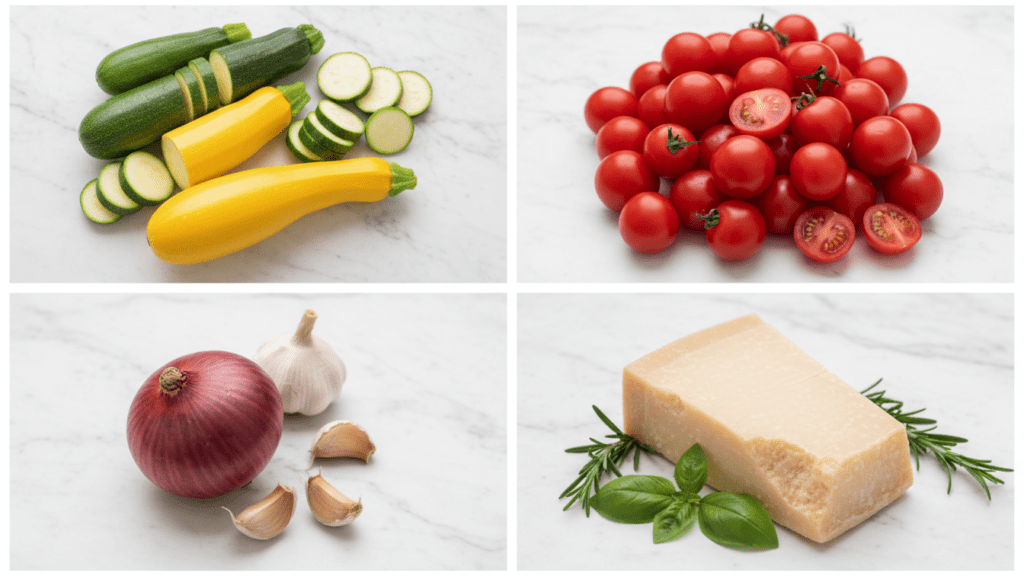 A collage showing fresh zucchini, yellow squash, Roma tomatoes, red onion, and garlic.