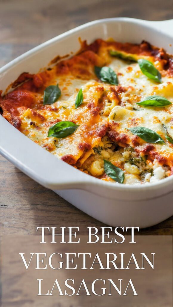 A top-down shot of a golden-brown vegetarian lasagna with bubbly cheese and a text overlay of the main keyword.