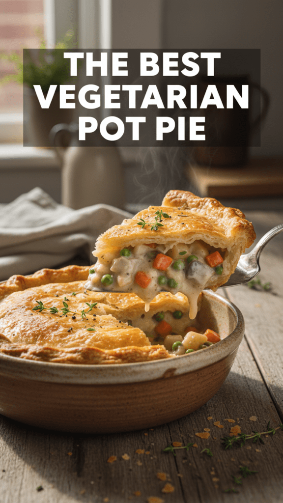 A top-down shot of a golden-brown vegetarian pot pie with a flaky crust and a text overlay.