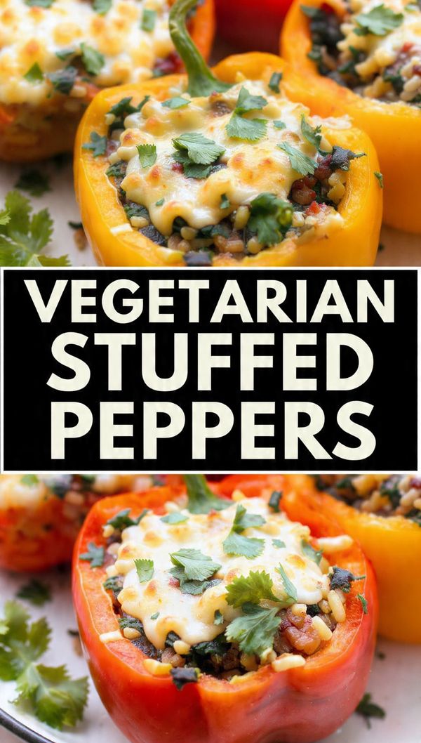 A top-down shot of vibrant colorful vegetarian stuffed peppers with melted cheese and a bold text overlay.
