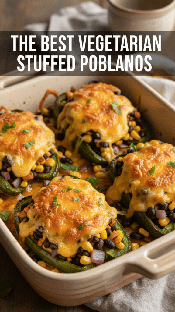 A top-down shot of vibrant cheesy vegetarian stuffed poblano peppers in a ceramic dish with a bold text overlay.