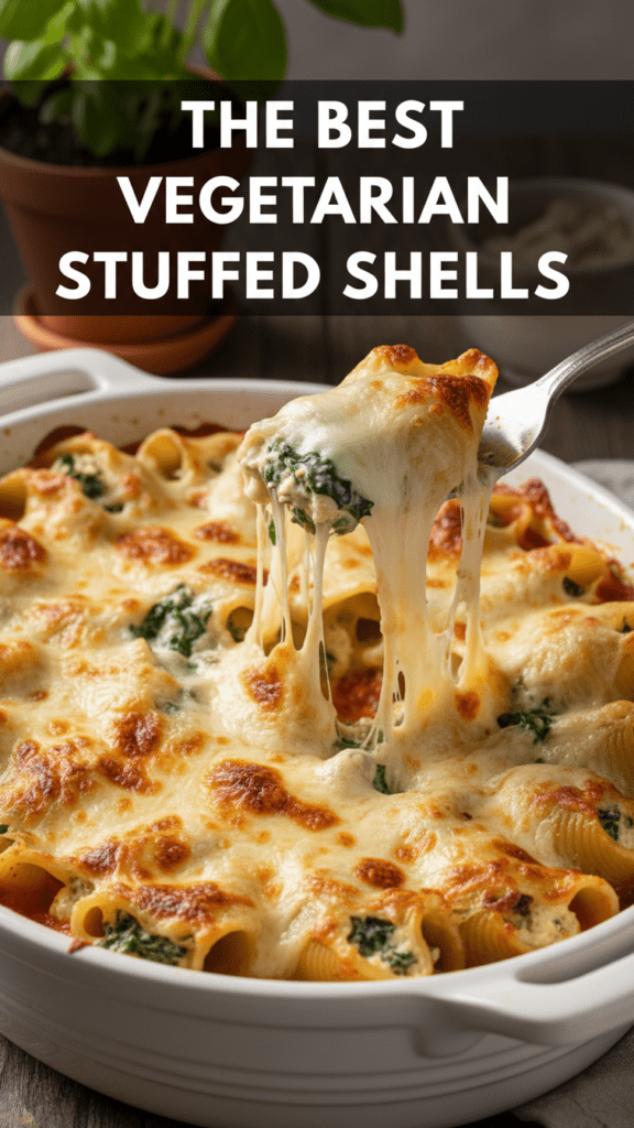 A top-down shot of bubbly golden-brown vegetarian stuffed shells in a ceramic dish with a text overlay.