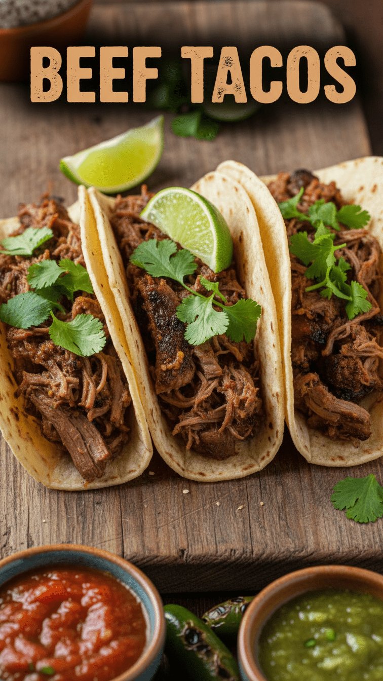 A close-up of three juicy beef tacos with cilantro and lime