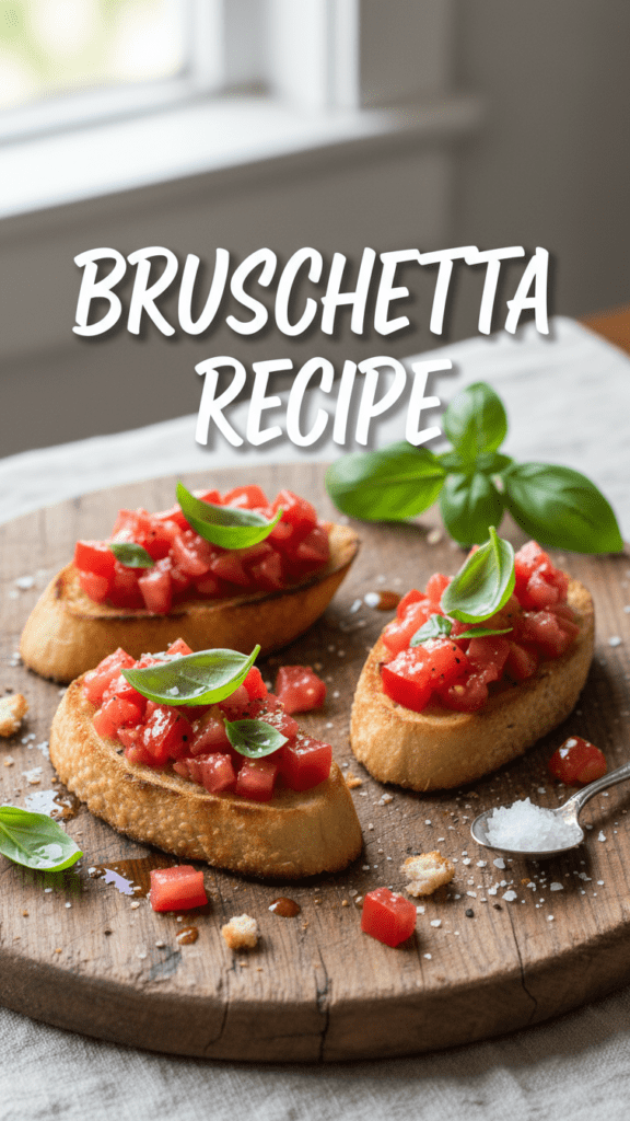 A close-up of fresh tomato bruschetta on toasted sourdough bread.