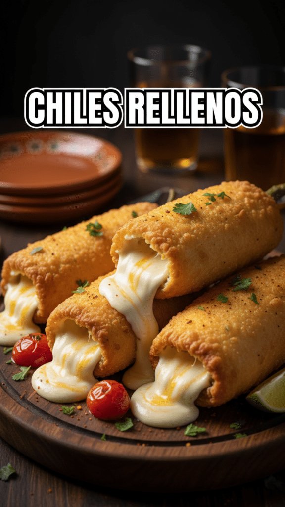 A close-up of a golden puffed chile relleno with red sauce and cheese.