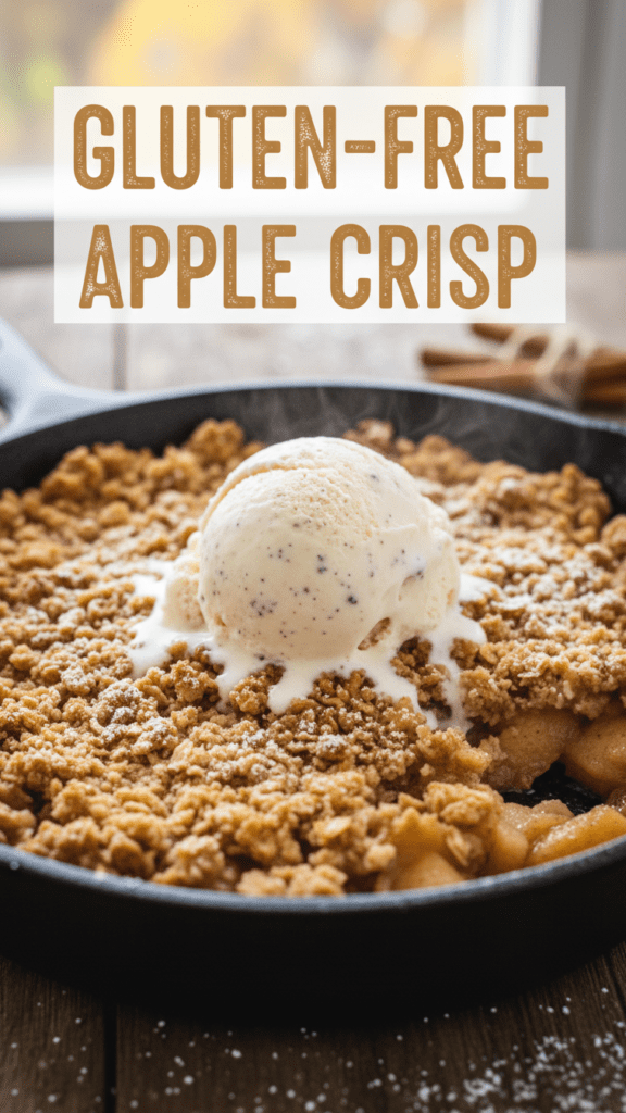 A close-up of bubbly gluten-free apple crisp with vanilla ice cream.