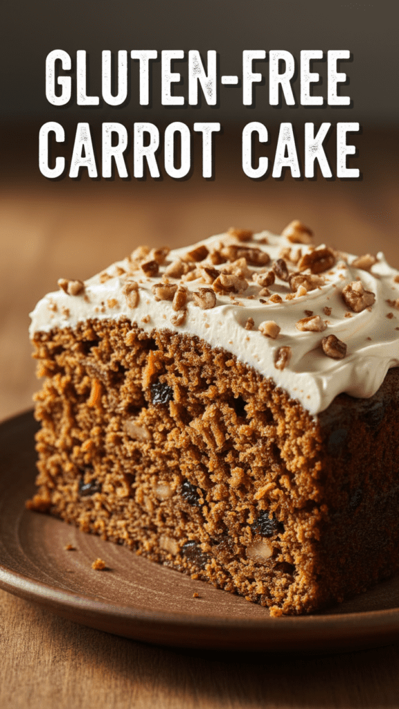 A delicious slice of gluten-free carrot cake with cream cheese frosting.