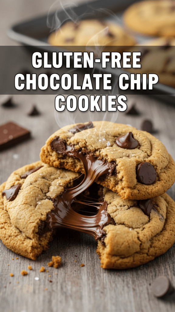 A close-up of a chewy gluten-free chocolate chip cookie with melting chocolate.