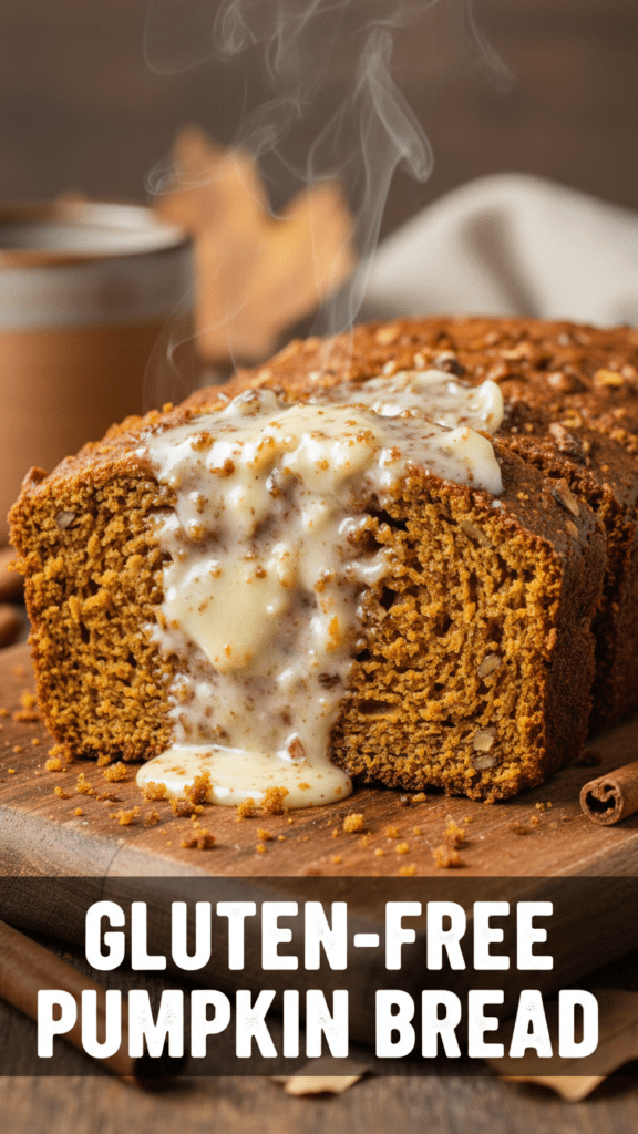 A delicious slice of moist gluten-free pumpkin bread with butter.