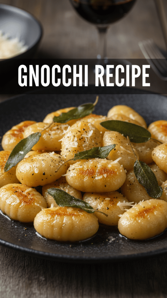 A close-up of fresh homemade gnocchi with brown butter and sage.