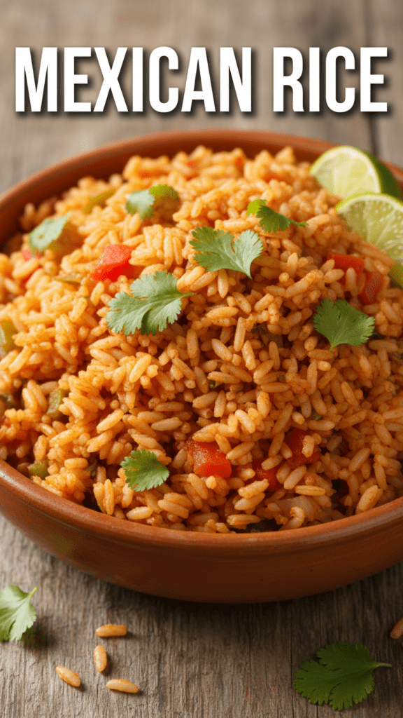 A steaming bowl of vibrant red Mexican rice with cilantro.