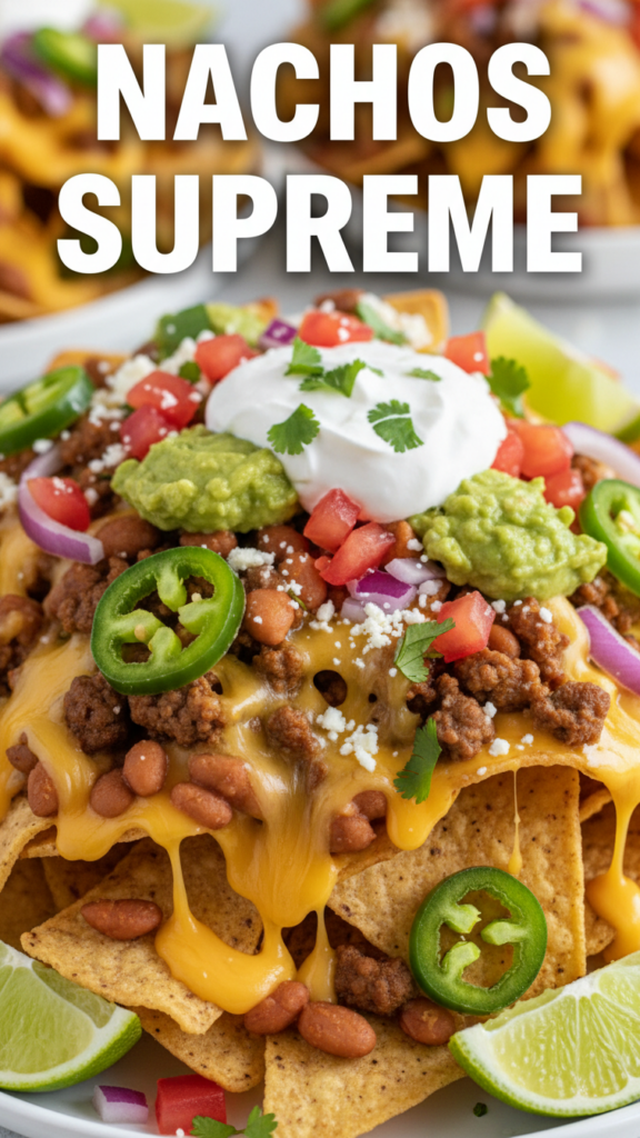 A delicious platter of loaded nachos supreme with melted cheese and beef.)