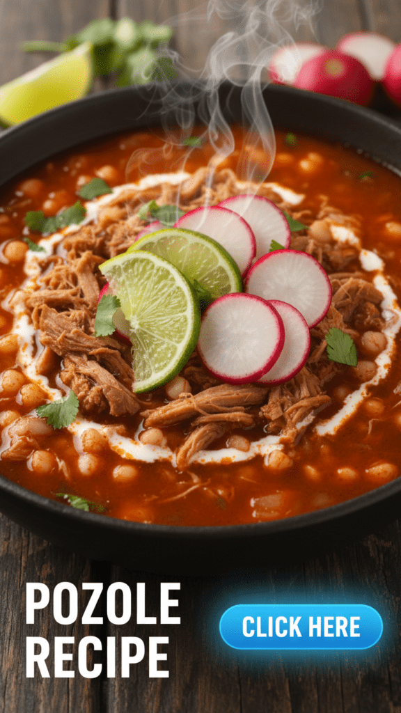A vibrant bowl of red Pozole Rojo with radishes and lime.
