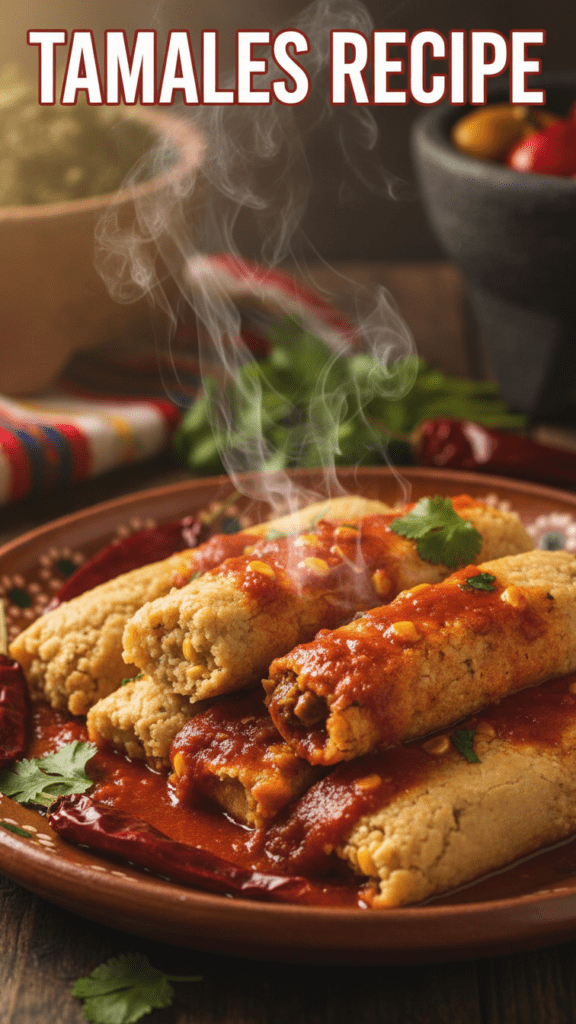 A stack of steaming hot tamales on a colorful Mexican plate.