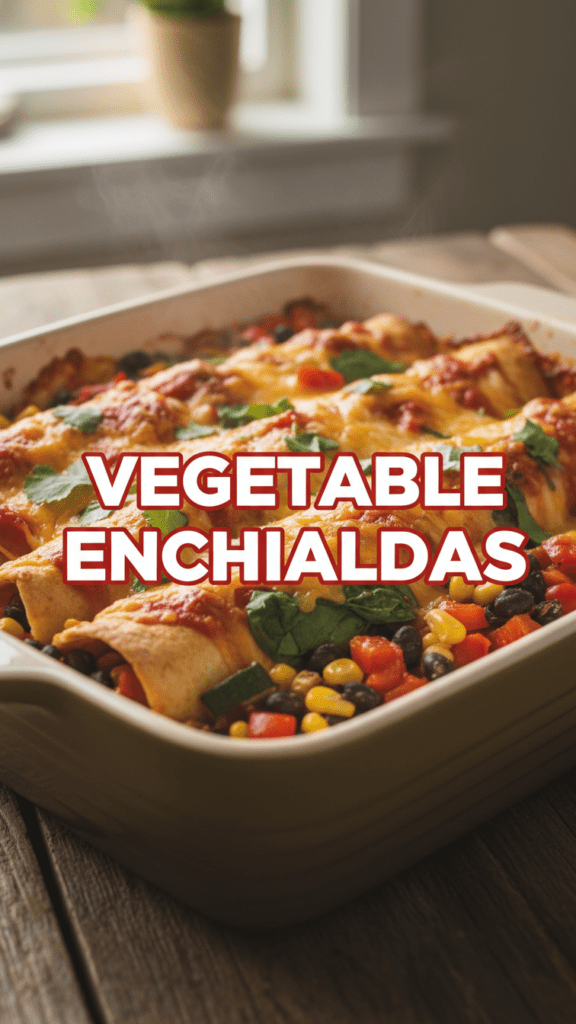 A tray of bubbling cheesy vegetable enchiladas with red sauce.