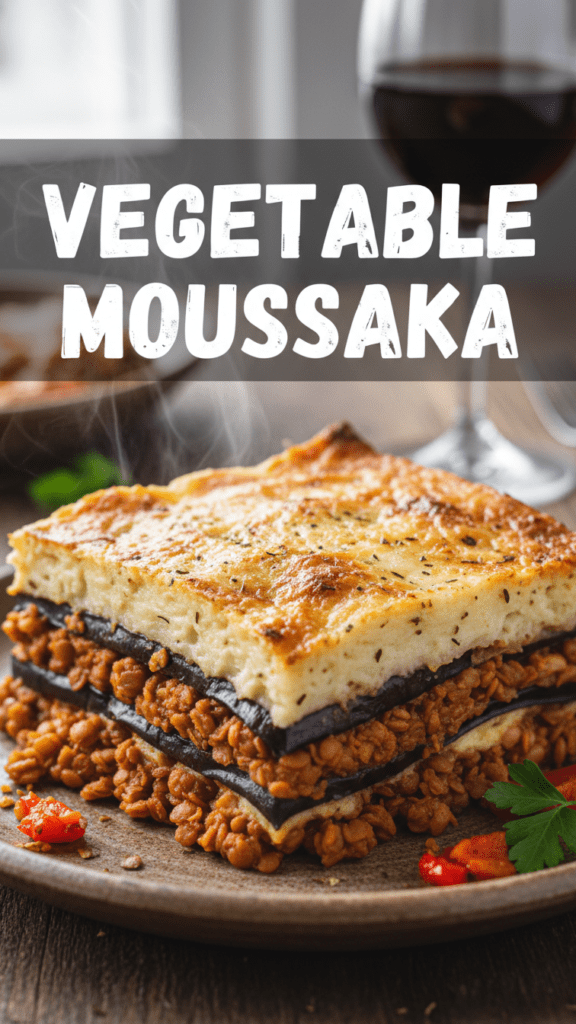 A delicious layered slice of Greek vegetable moussaka with a golden cheesy top