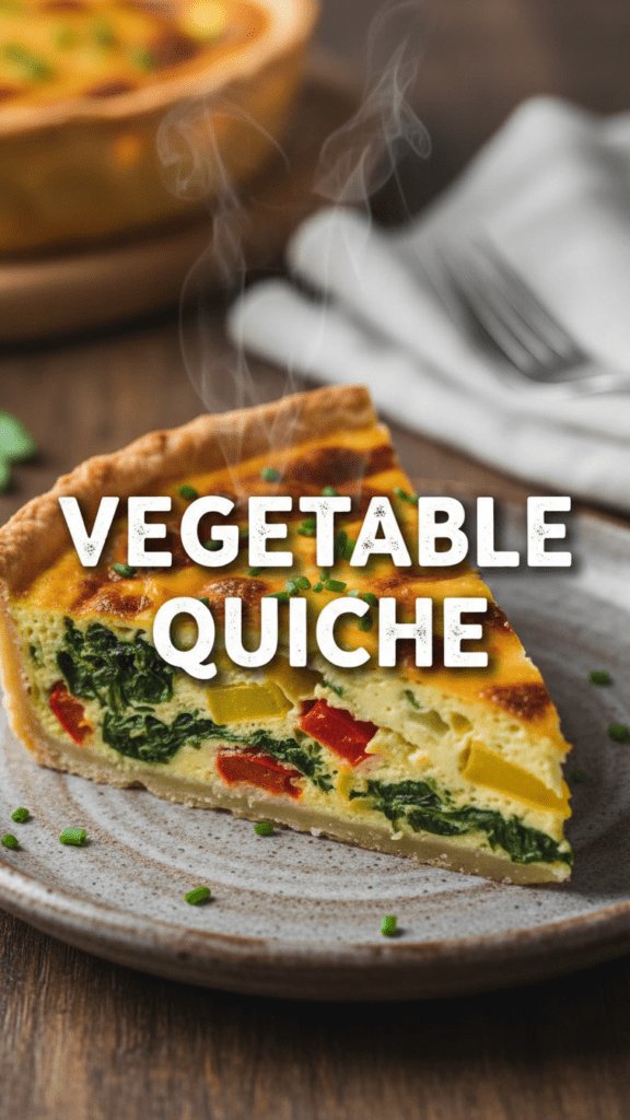 A beautiful slice of vegetable quiche with a golden flaky crust.