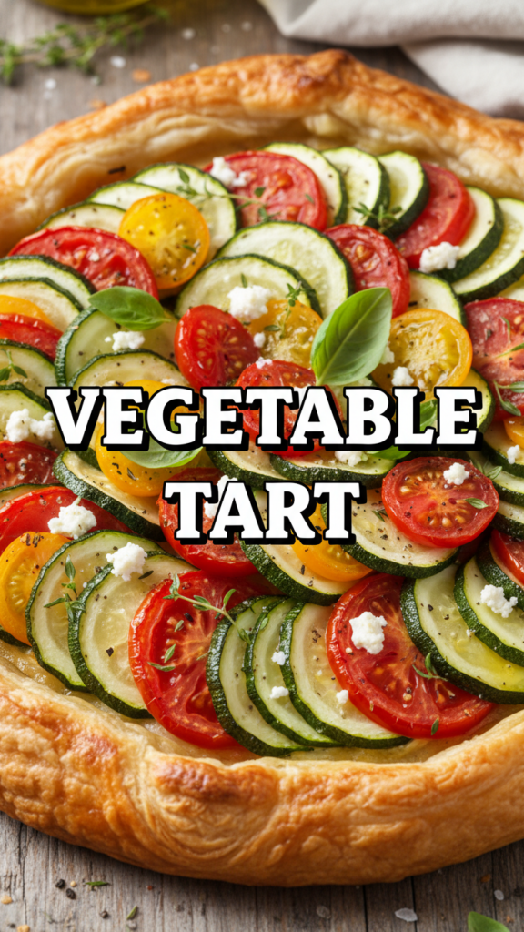 A colorful and flaky homemade vegetable tart with zucchini and tomatoes.