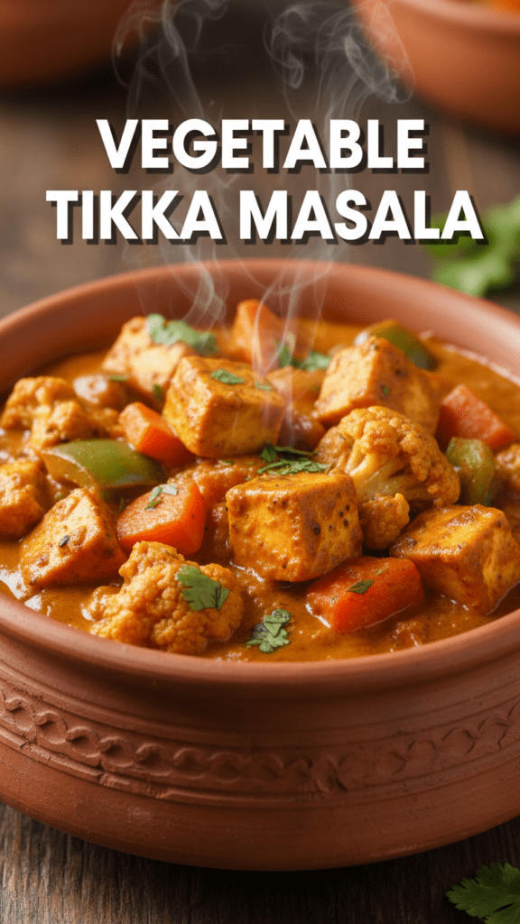 A steaming bowl of creamy vegetable tikka masala with fresh cilantro.