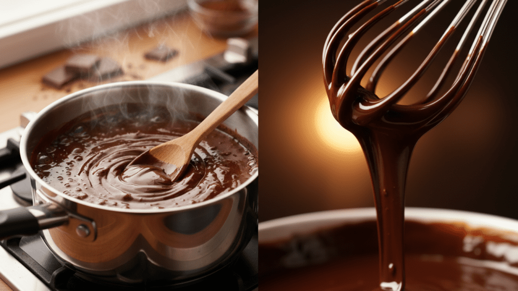 A close-up of a hand whisking thick chocolate pudding in a silver saucepan.