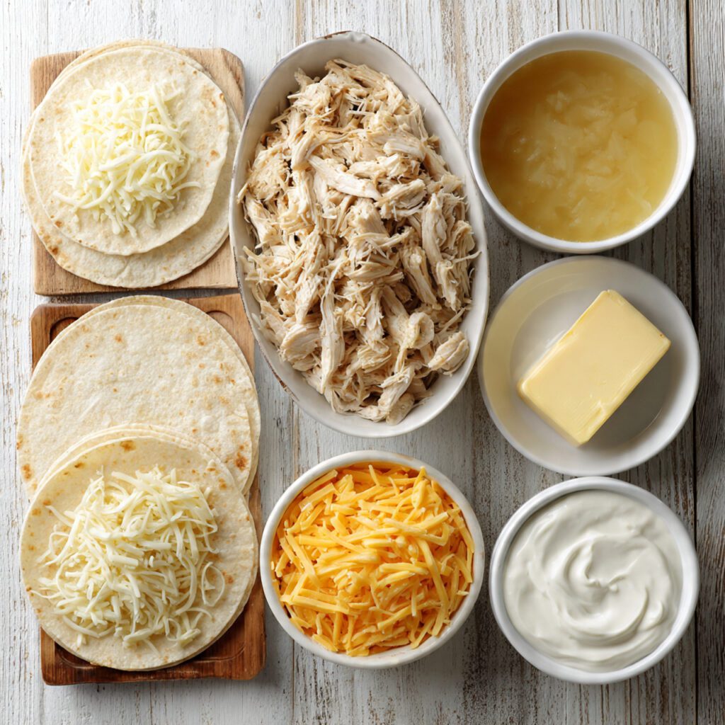A flat lay collage of raw ingredients: shredded cooked chicken, tortillas, chicken broth carton, sour cream tub, butter, and shredded Monterey Jack cheese used for the white chicken enchiladas recipe.