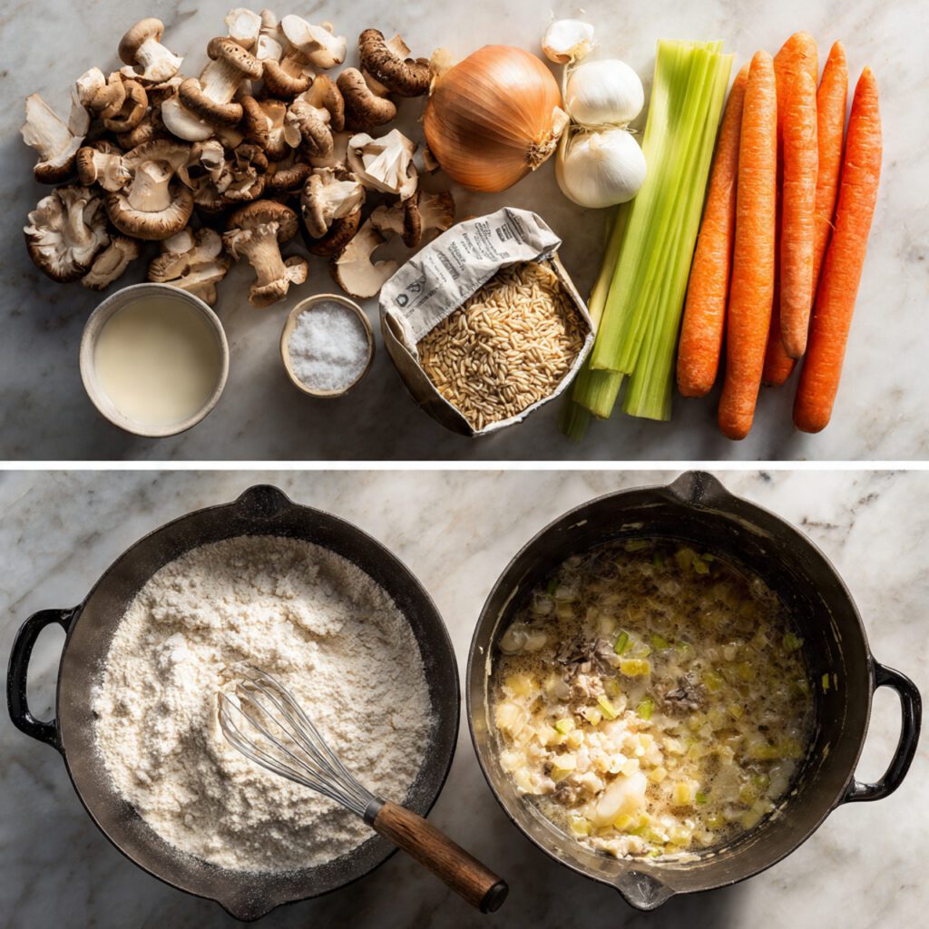 Collage of key ingredients for creamy wild rice and mushroom soup including mushrooms, wild rice, cream, and vegetables