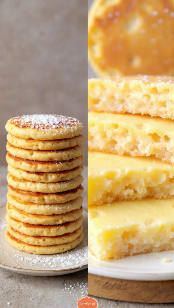 A close-up of the interior texture of a yeast pancake, showing the large air pockets and tenderness