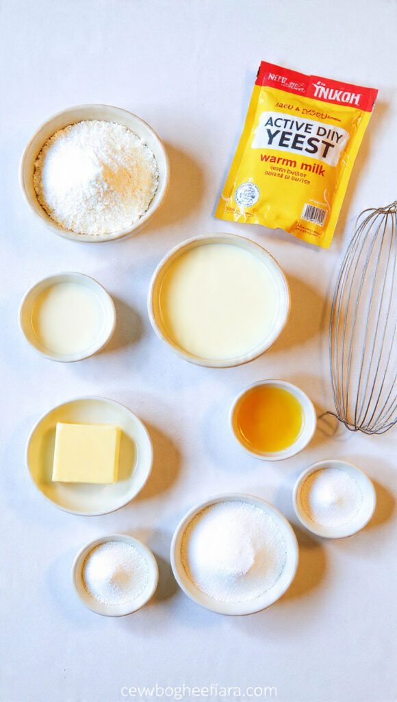 A flat lay collage showing ingredients: flour, yeast packet, milk, butter, egg, and sugar