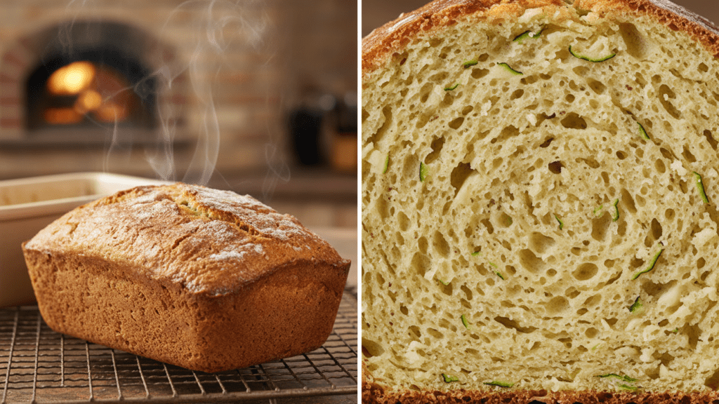 Close-up of the moist texture of a vegan zucchini bread being sliced.
