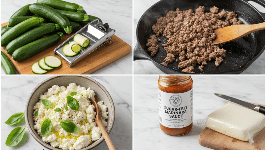 A collage showing fresh zucchini, ground beef, ricotta cheese, and marinara sauce.